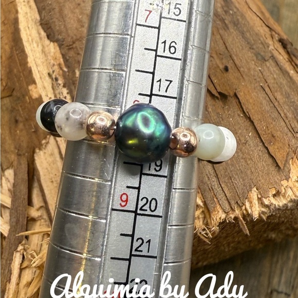 Gray freshwater pearl amazonite beaded gem ring - Picture 2 of 2